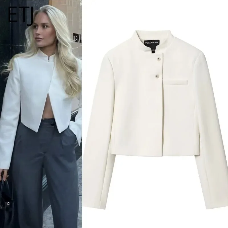 

2026 autumn winter new professional women's simple fashion white short commuting zhongshan collar suit jacket