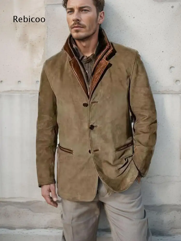 Men Notched Lapel Button Front Jacket Contrast Trim Collar Outerwear With Flap Pockets For Autumn Winter Business Casual Outfits