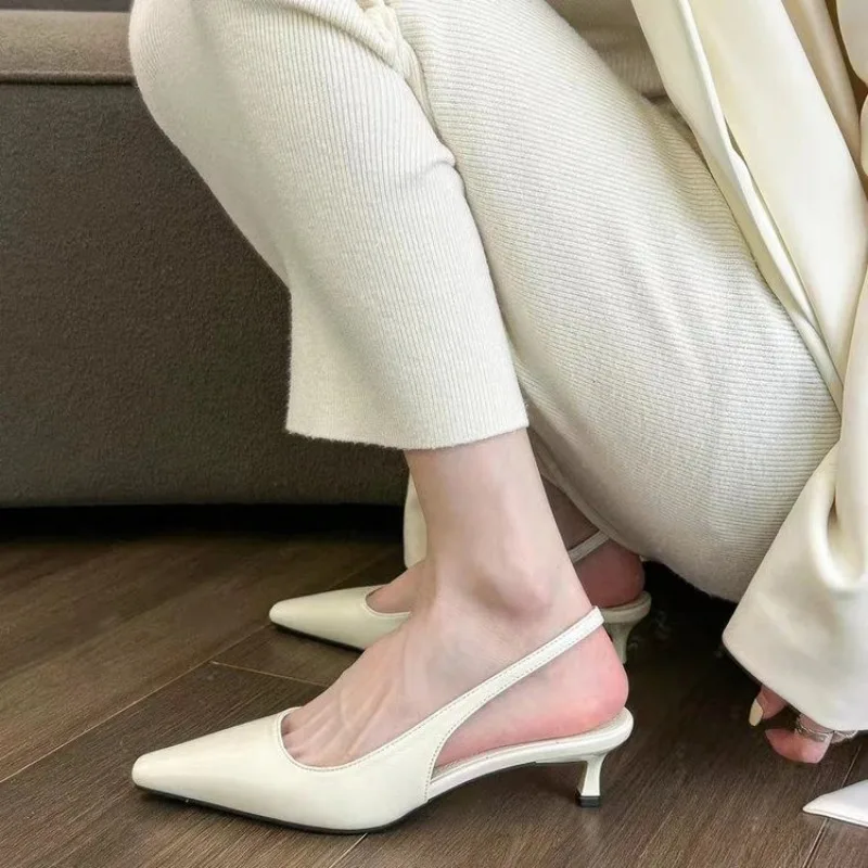 

2025 New Spring Summer Women's Kitten Heels Pointed Toe Sandals Fashion Back Buckle Silver Women's Casual High Heels Shoes