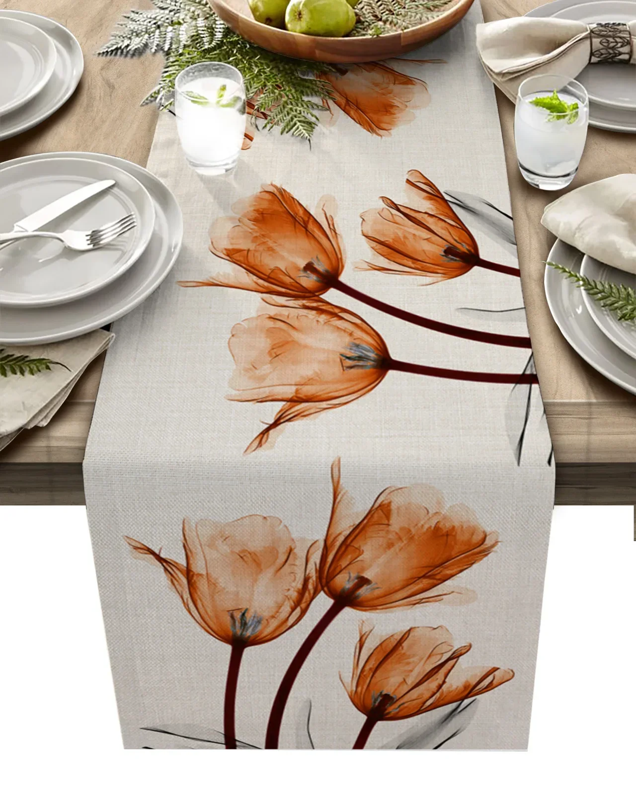 Spring Blue Tulip Flower Linen Table Runner Wedding Decoration Anti-stain   Dining  Holiday Party  Decor