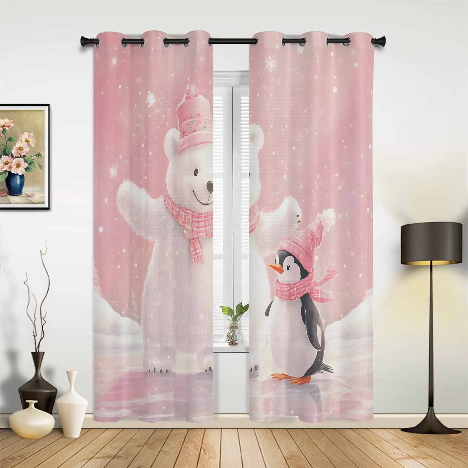 Christmas Pink Bears And Penguins Tulle Curtains For Living Room Bedroom Modern Kitchen Sheer Curtains