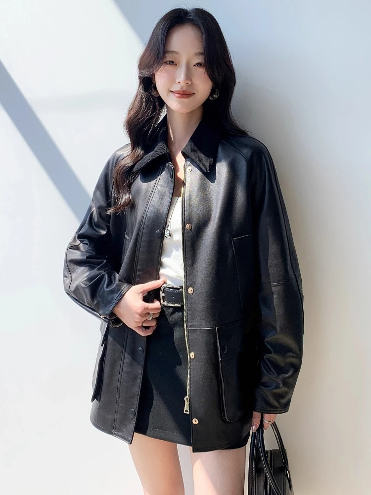 Damskie kurtki wiatrówki z prawdziwej skóry vintage, luksusowe, proste, z kontrastowym sztruksowym kołnierzem, luźne, miękkie płaszcze z prawdziwej skóry owczej.