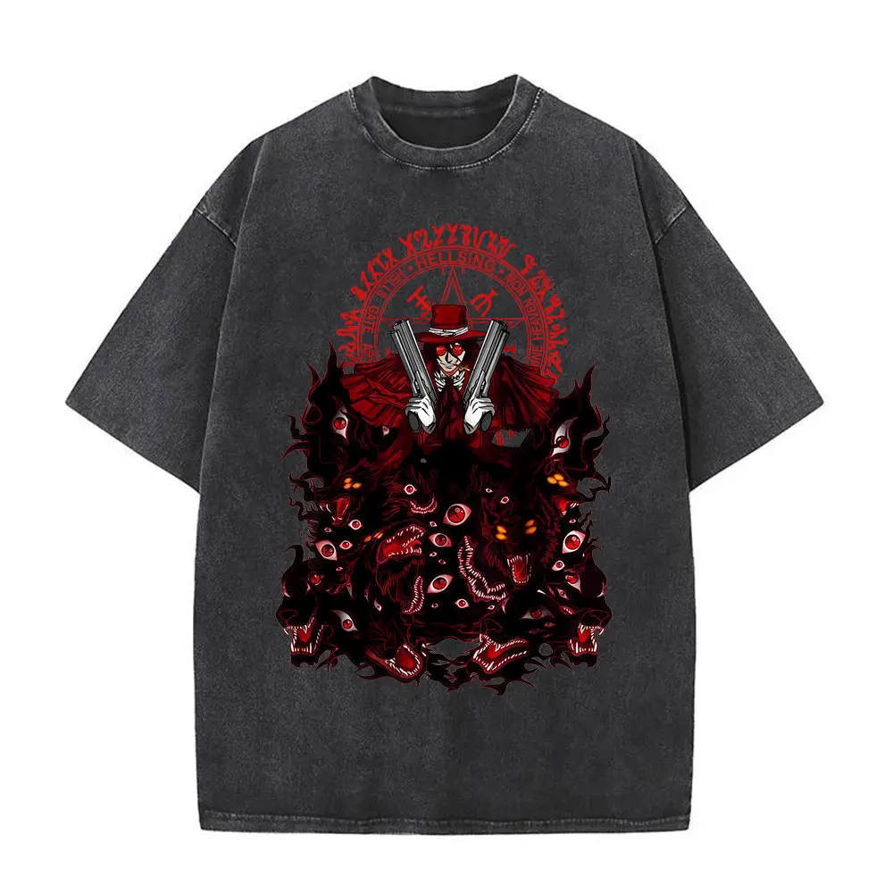 

Washed Vintage Anime Hellsing Vampire Alucard T-shirts Men Women 90s Manga O-collar T-shirt Men's Clothing Oversized T Shirts