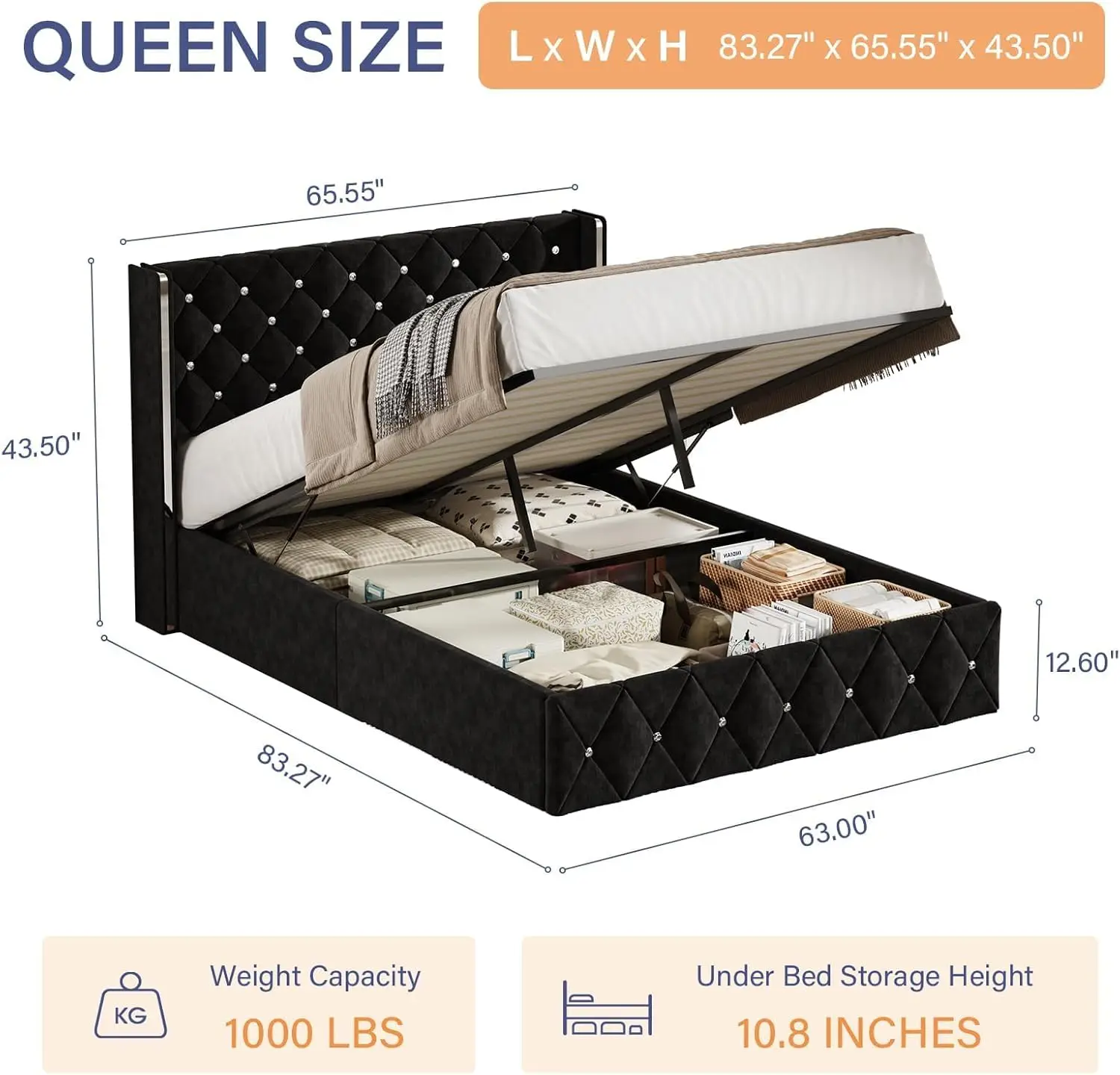 Upholstered Queen Size Storage Bed Frame Soft Velvet Diamond Headboard Silver Wingback Hydraulic Storage Wood Slat Support Black