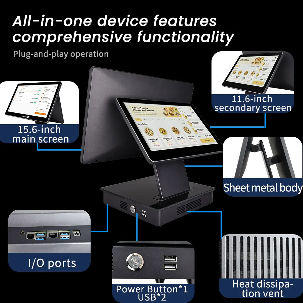 15.6-inch Dual-screen Aluminum Alloy Window POS System Intel I5 Windows Payment Terminal Restaurant Hotel Cash Register