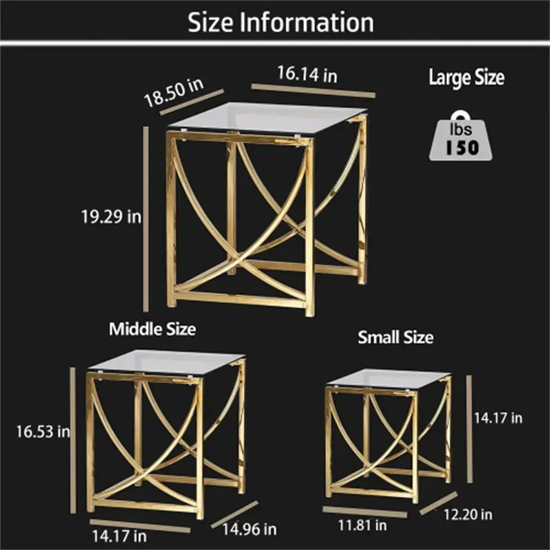 3 pcs Gold Square Nesting Glass End Tables- Small Coffee Table Set- Stainless Steel Small Coffee Tables With Grey Tempered Glass