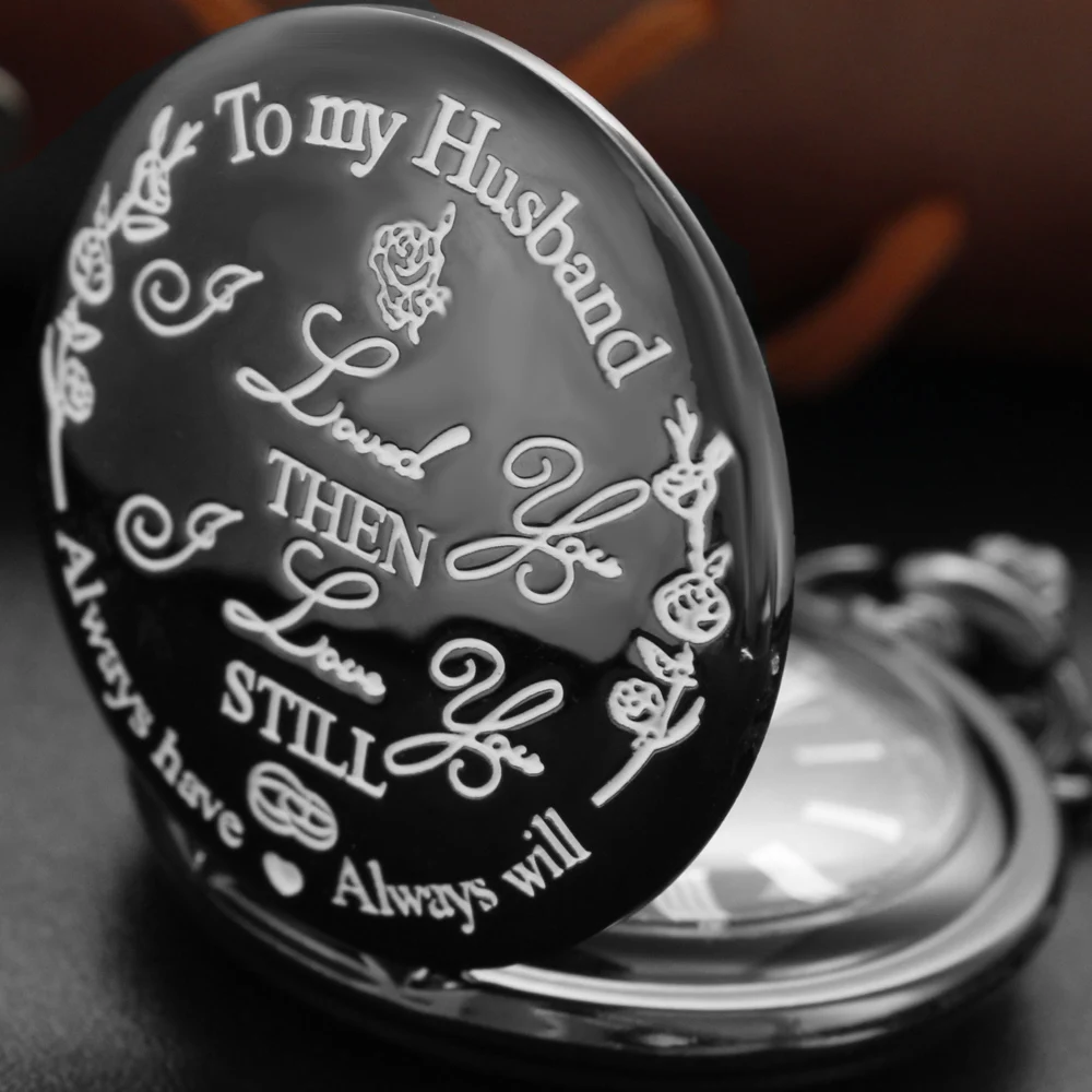 Black Number to My Husband Text Quartz Pocket Watch Vintage Necklace Pendant Universal Clock Gift for Boys and Girls