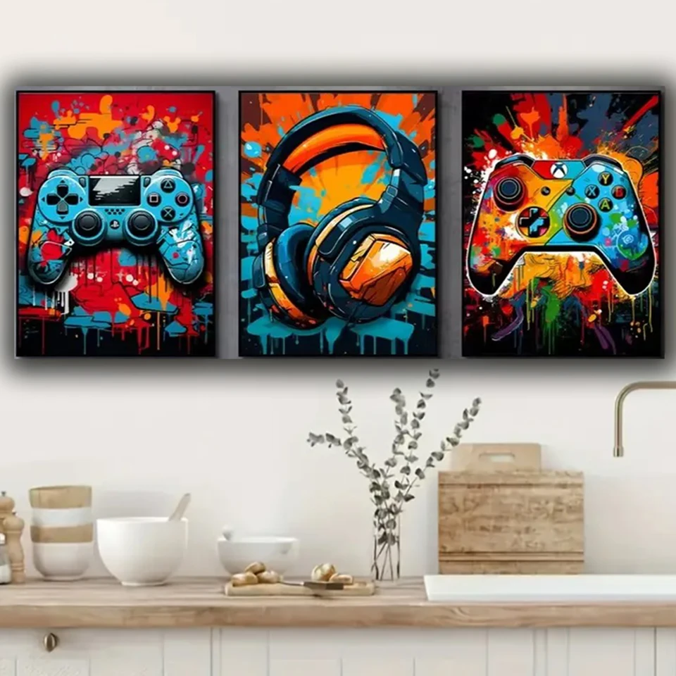 5d Gaming Graffiti Gamepad Earphone Diamond Painting 3pcs/set,Full Diamond Mosaic Gamer Room Wall Decor Modern Funny Wall Art