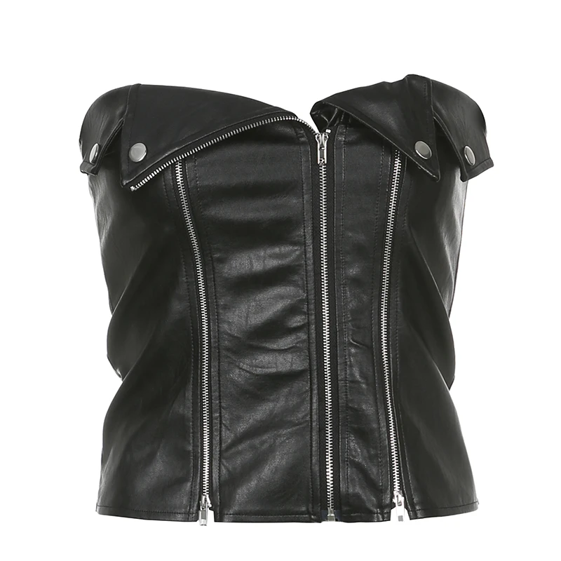 SUCHCUTE Punk Style Zip Up Corset Tops Black Leather PU Gothic Buttons Sleeveless Tube Tank Top Racing Moto & Biker Camis 2022