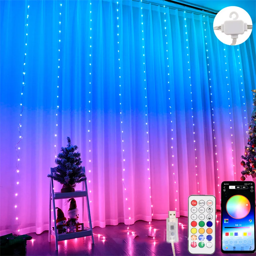 Color Changing Curtain Light 3X3M Bluetooth APP Rainbow Backdrop Window String Lights LED Window Rainbow Curtain Fairy Lights