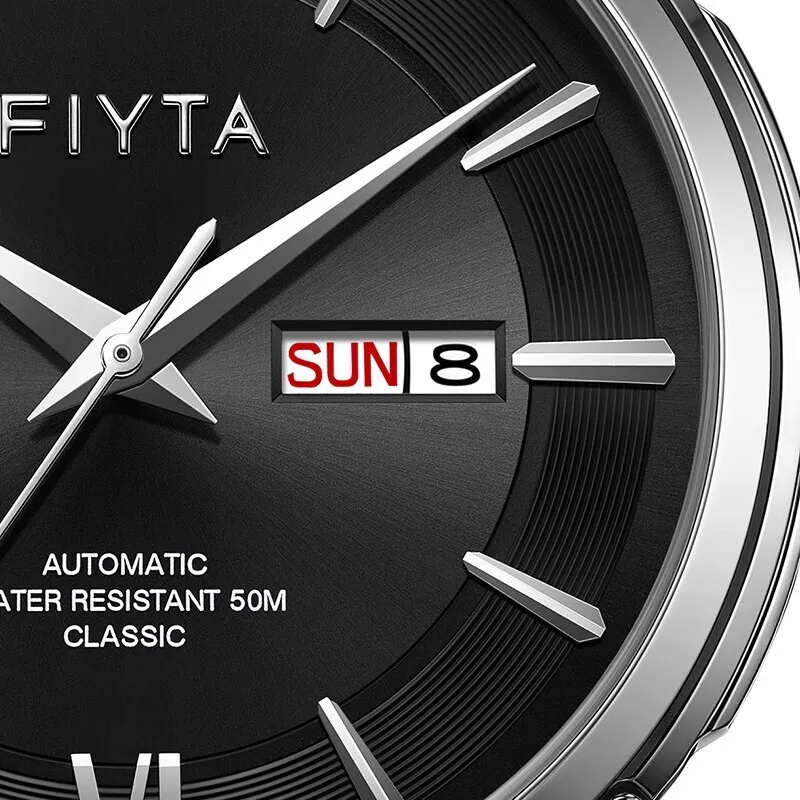 ساعات رجالية ميكانيكية أوتوماتيكية من Fiyta، ساعات عمل مزدوجة التقويم مقاومة للماء من زجاج الياقوت للرجال
