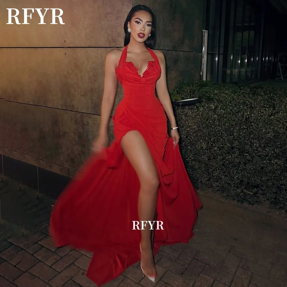 

RFYR Red Evening Dress Halter Prom Dress High Slit Party Dress Lace Celebrity Gala Dress for Arabic Women vestidos Customized