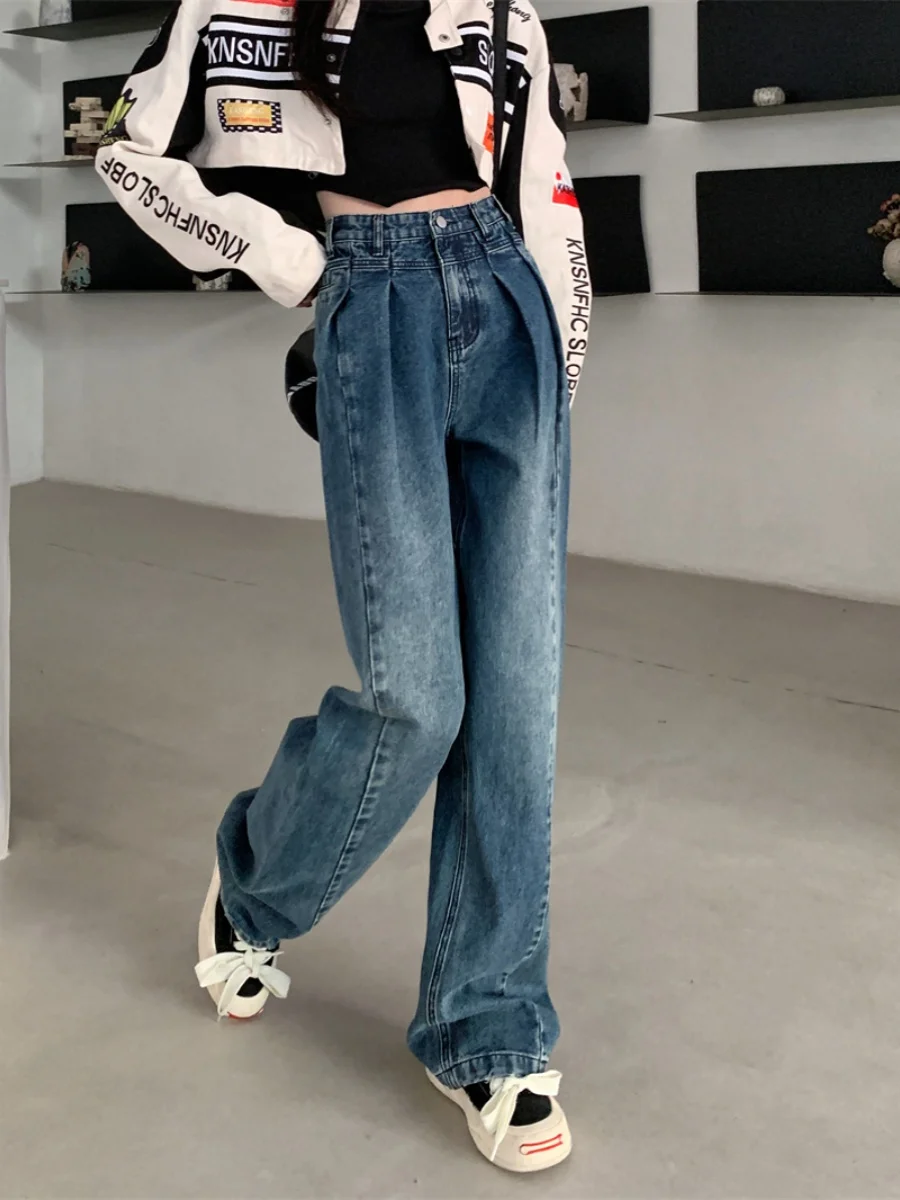 하이웨이스트 와이드 레그 데님 진 여성용 루즈 슬림 스트레이트 레그 팬츠 플로어 렝스 바지 가을 패션 플러스 사이즈