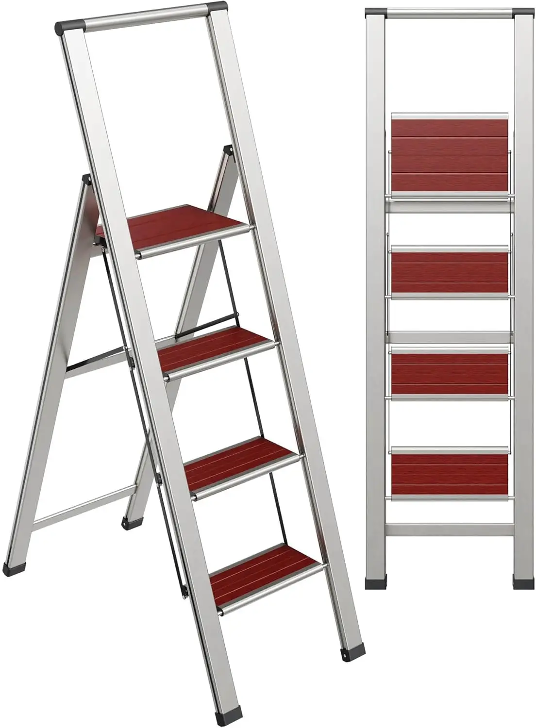 

Step Ladder 4 step folding, decorative - Beautiful Mahogany & Silver Aluminum, Ultra Slim Profile, Anti Slip Steps, Sturdy-Porta