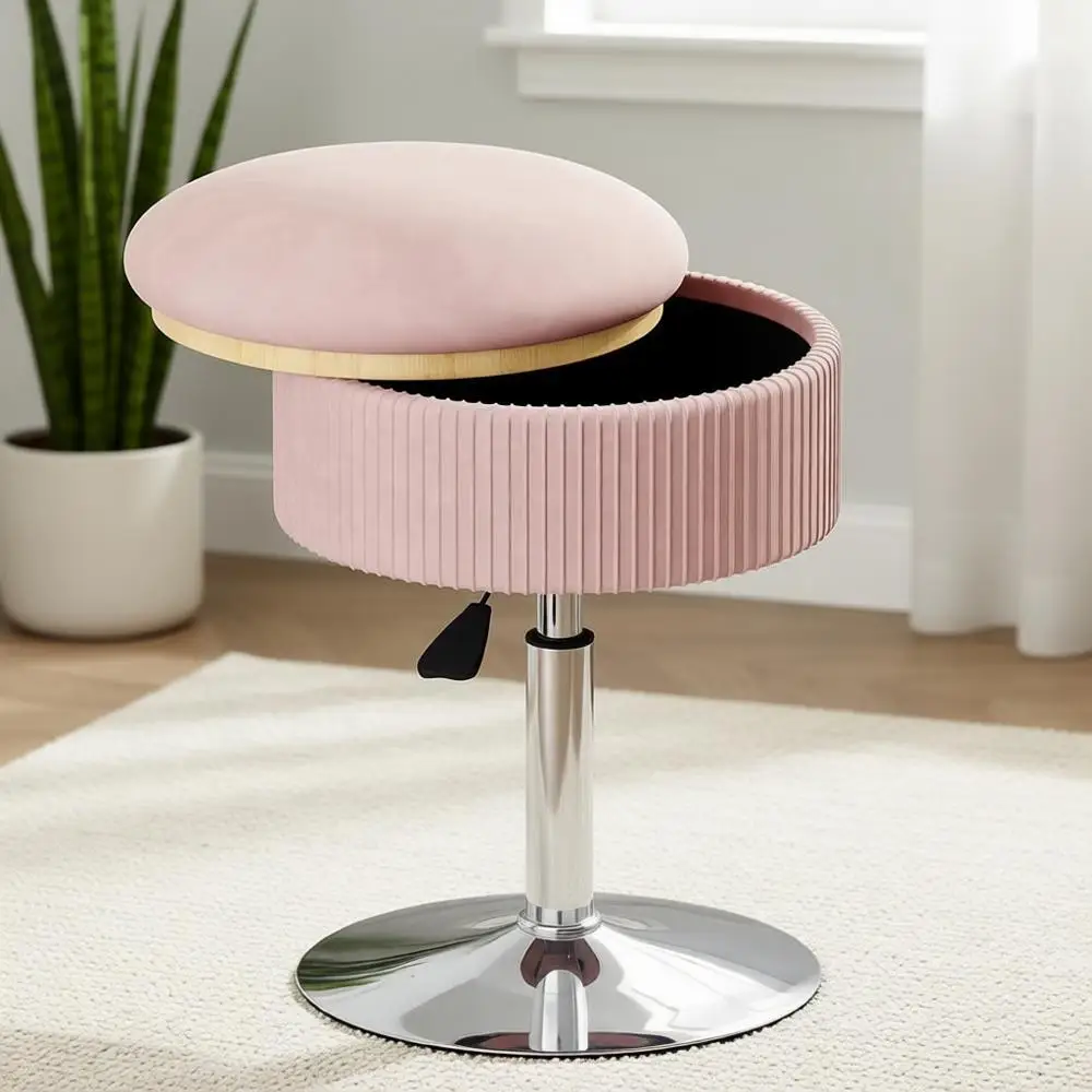 

Height-Adjustable 360° Swivel Pink Velvet Makeup Chair with Storage Ottoman