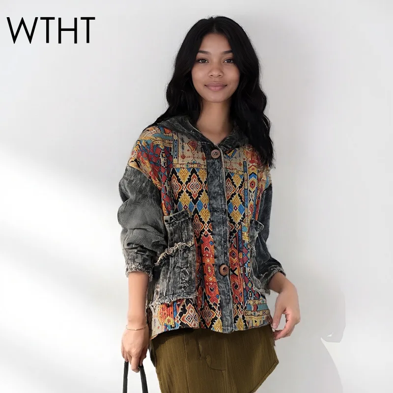 

WTHT Fashion Trendy Women's Contrast Color Knit Spliced Denim Hooded Coat 2025 Single Breasted Long Sleeve Jacket Female 1LS2203