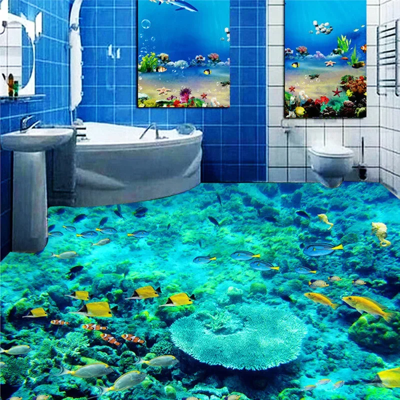 Custom 3D Floor Sticker Mural Paintings PVC Self-adhesive Wallpaper Waterproof Living Room Bathroom Floor Mural Ocean Wallpaper
