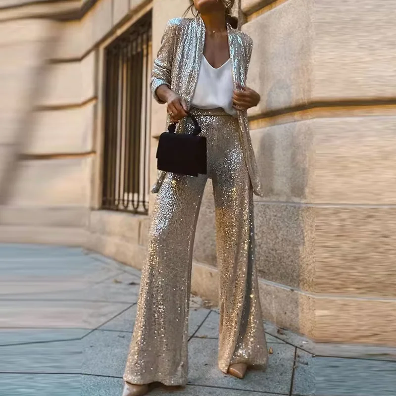 Autumn Sequin Sparkling Casual Elegant Vacation Set Y2K Sparkling Cardigan Long Sleeved Top & Wide Leg Pants Christmas Suit  New