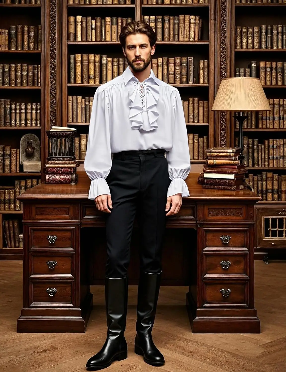 JEMITOP Mens Pirate Vampire Ruffle Shirt Elastic Cuff Poet Victorian Steampunk Renaissance Medieval Cosplay Costume view 3