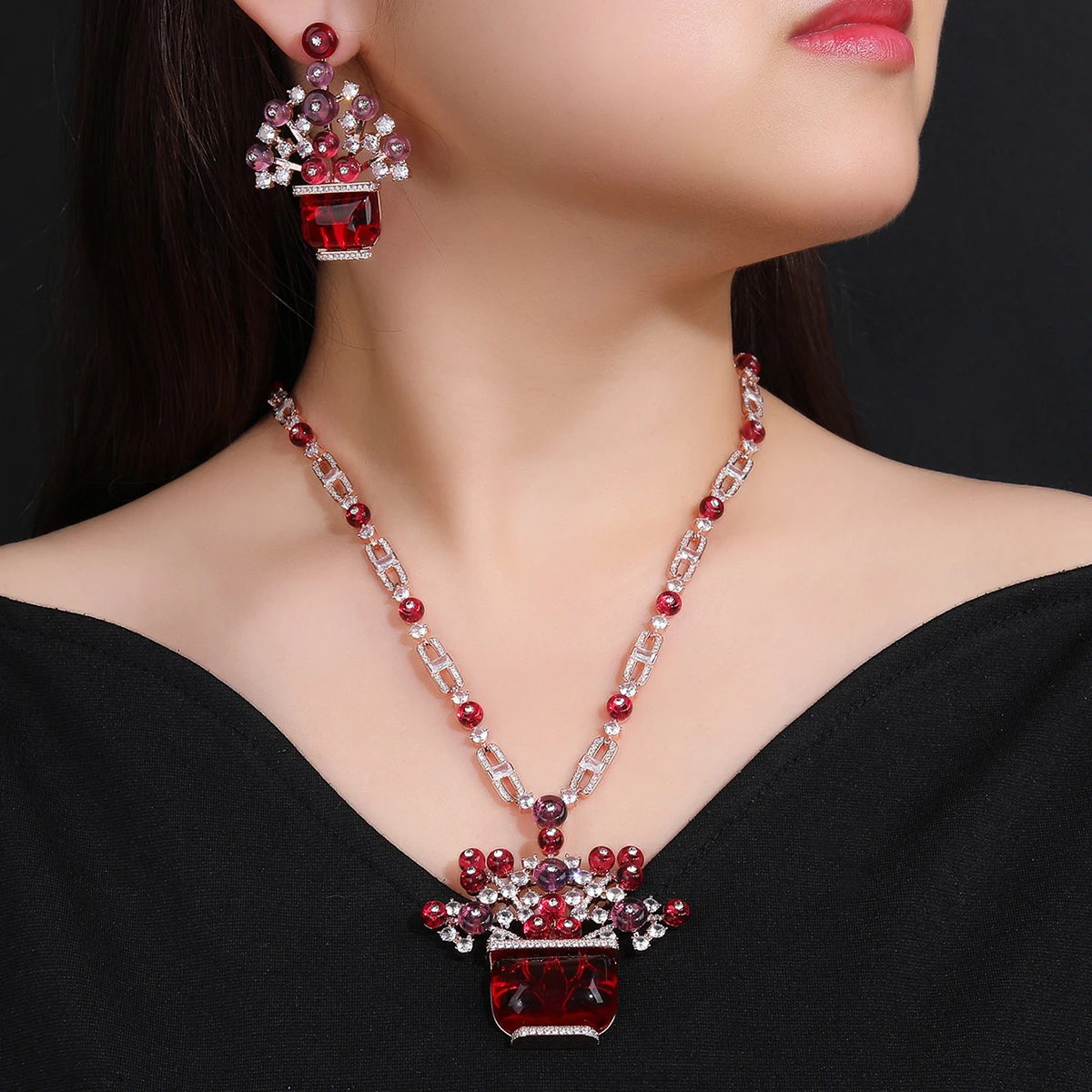 

High Quality Cubic Zircon Flower Basket Style Pendant Necklace Earrings set Women Party Jewelry Costume Accessories CN11525