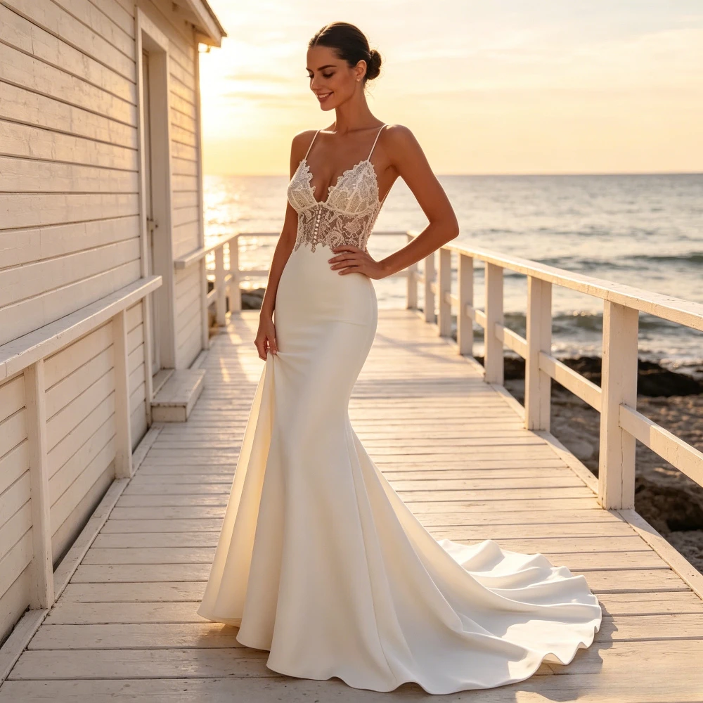 Customized Summer Suspender Lace Patchwork Fish Tail Wedding Dresses 2026 White Backless Slim Fit Bride Dress Sexy and Elegant