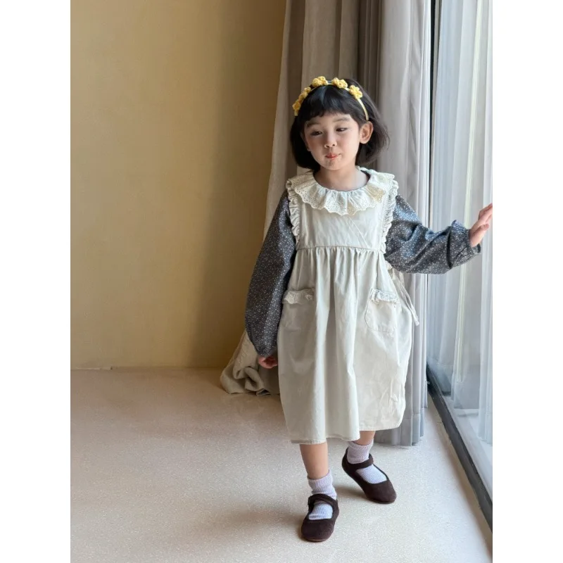 Girls' Korean Style Clothing 2026 Autumn New Item Girls' Lace Collar Floral Shirt and Sleeveless Vest Dress 6