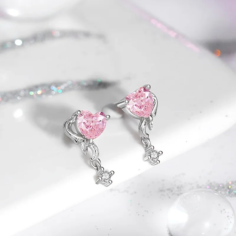 RYJU Shiny Y2K Silver Color Love Zircon Earrings for Women 925 Sterling Silve Delicated Pink Crystal Sweet Cool Girl Jewelry