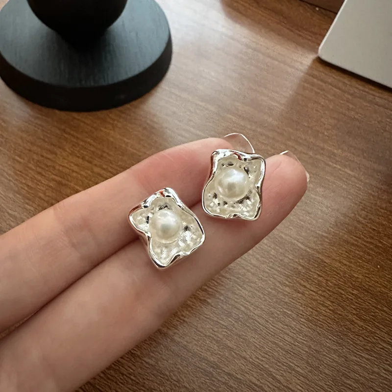 

925 Sterling Silver Pearl Square Stud Earrings Trendy Korean Style Simple Fashion Jewelry Wholesale