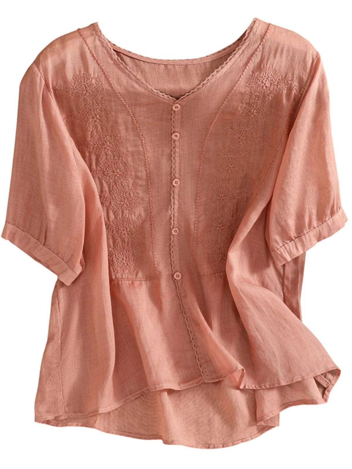 예술적인 버튼 장식 코튼 린넨 오르트 스웨이드 브이넥 불규칙한 밑단 순색 탑 여름 플러스 사이즈 여성용 셔츠