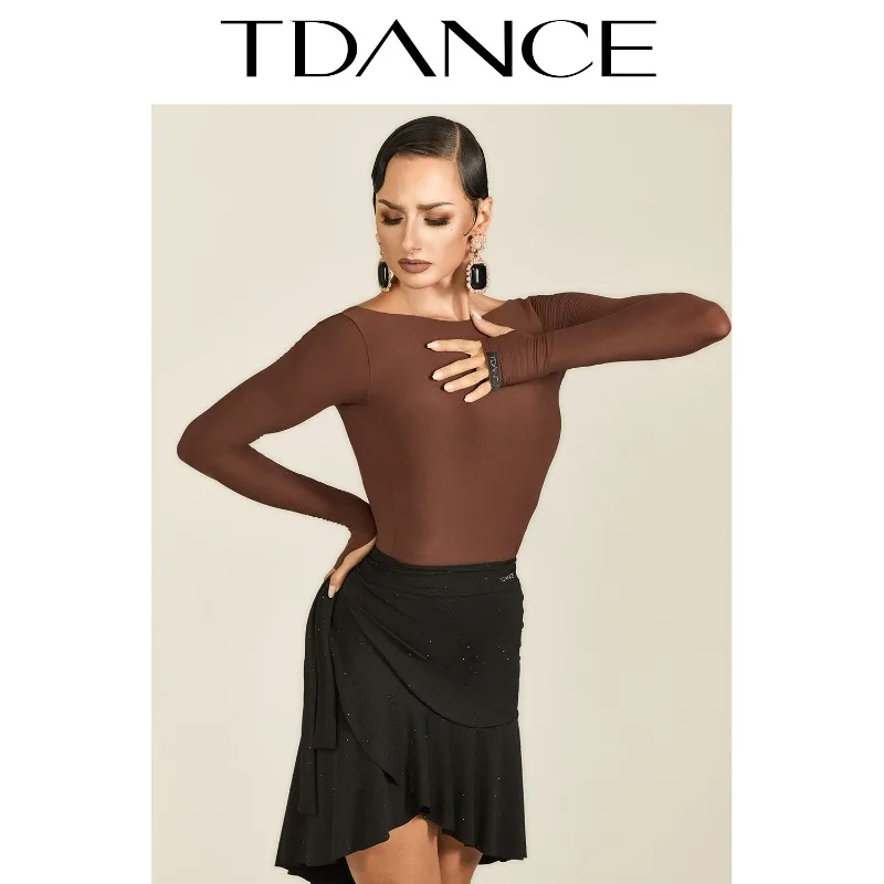 فستان ممارسة لاتيني حديث مخصص من TDANCE [ياقة سفينة وأكمام طويلة] مع وسادة صدر أساسية متعددة الاستخدامات للنساء GL-219