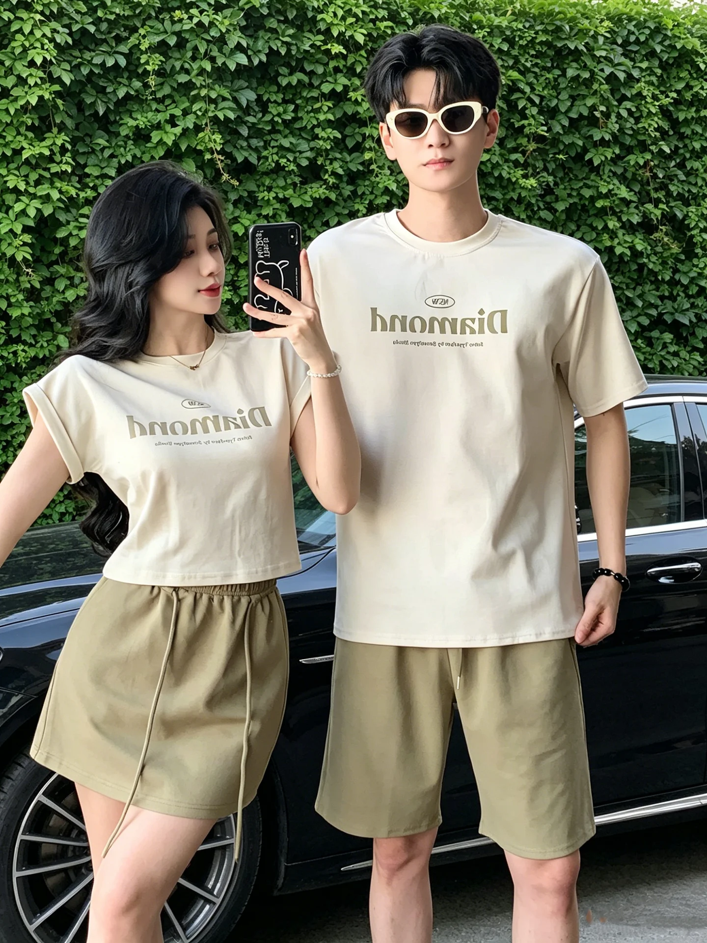 Korean Style Couple Matching Set Short Sleeve round Neck Print T-Shirt And Skirt Two Piece Women's Clothing Breathable Skin-F...