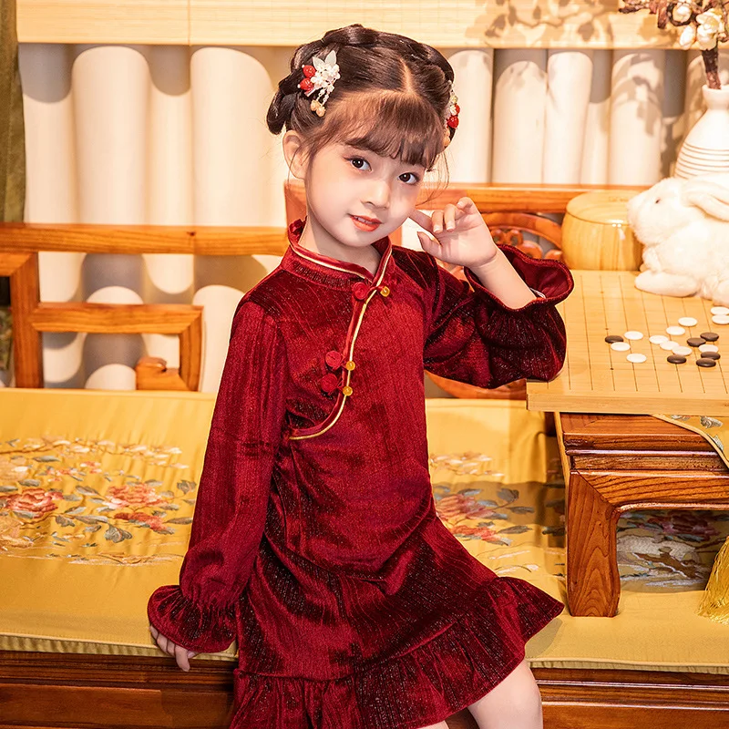 

Girl Summer New Chinese Style Vintage Button Hanfu Dresses Retro Red Velour Qipao Party Evening Performance Vestido Costume