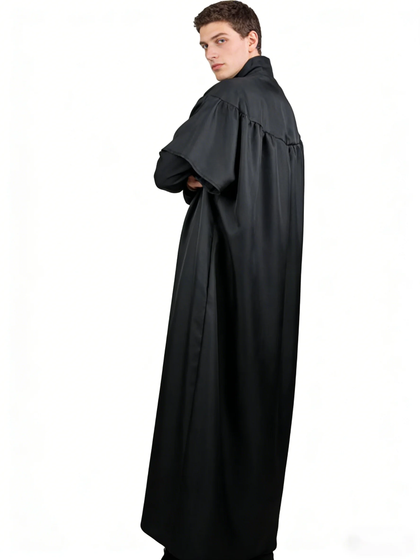 Men's Gothic Priest Cassock Robe, Black Long Sleeve High Collar Cloak Coat, Retro Medieval Costume for Halloween, Cosplay, LARP