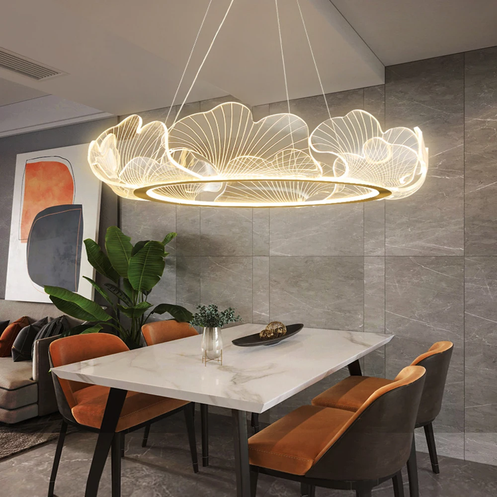 Nowoczesne LED Lotus Leaf żyrandol podsufitowy pierścień akrylowy wisiorek światło do salonu jadalnia Home Deco wiszące lampy lustre oprawa