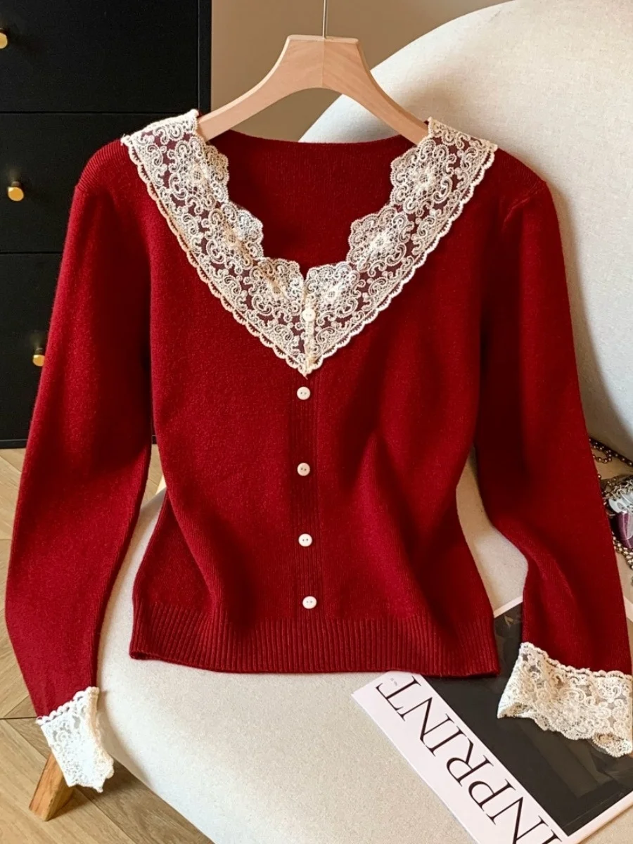 

V-Ne Long Sve Кружевной вязаный свитер, женский самосохраняющий дизайн, корейская версия, облегающий крой, осень-зима, новинка...