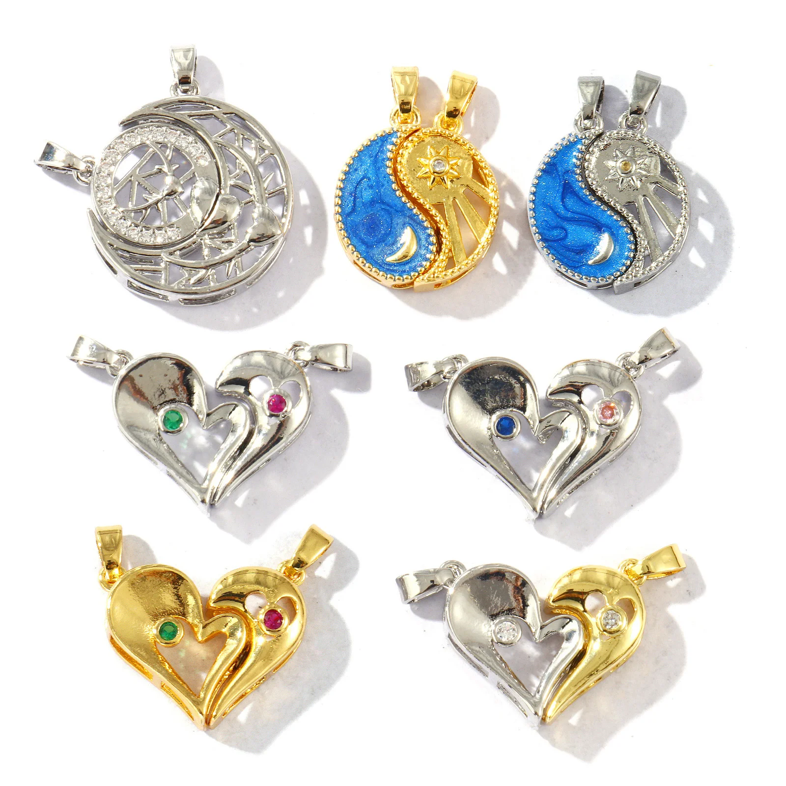 1Set Brass Charms Gold Plated Geometric Heart Rouns Moon Star Clear Cubic Zirconia Pendant DIY Women Necklace Jewelry Findings