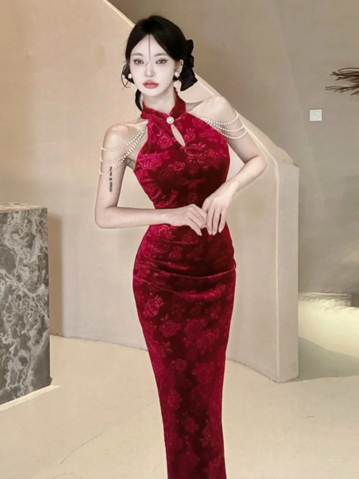 

Ele Sexy Lady Collar Heavy Work Pearl Decoration oulder Bared Qipao средней длины Dr Trendy Commute Sle Hig...