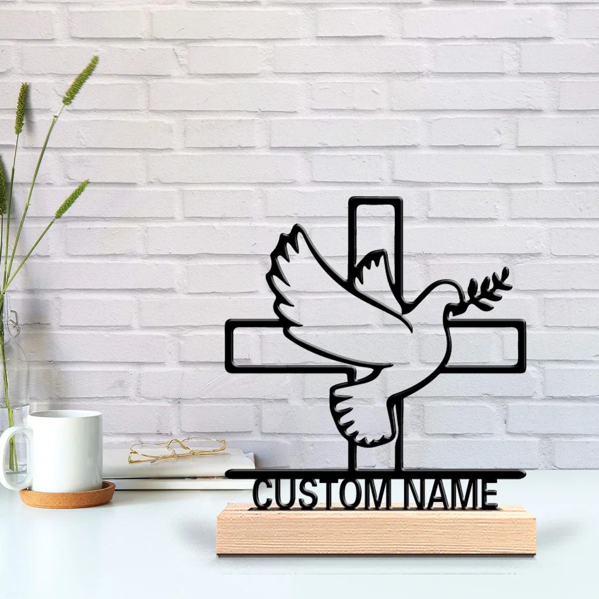 1pc Cross and peace dove Personalized Text Metal Statue Iron Ornament With Wood Base Metal Ornament For Home Desk Decor