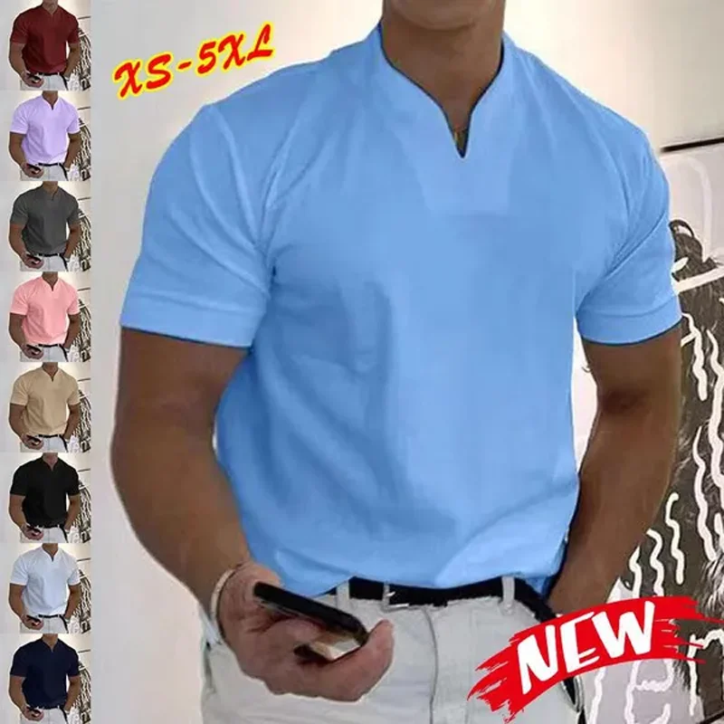 

Fashion Men's V-neck short-sleeved Polo shirt Solid color quick-drying sweat-wicking comfortable T-shirt golf T-shirt sports top