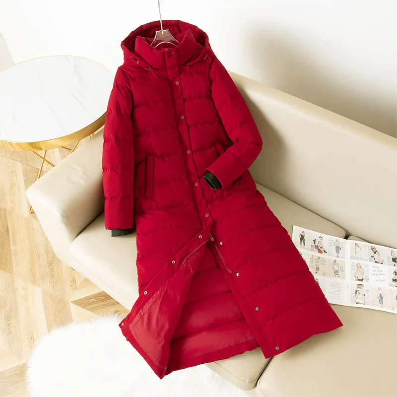 Chaqueta Larga Roja de Plumón, Invierno 2026, Nueva, 90% Plumón de Pato Blanco, Resistente al Frío Extremo -30 Grados, Abrigo con Capucha, Parka Cálida para Mujer