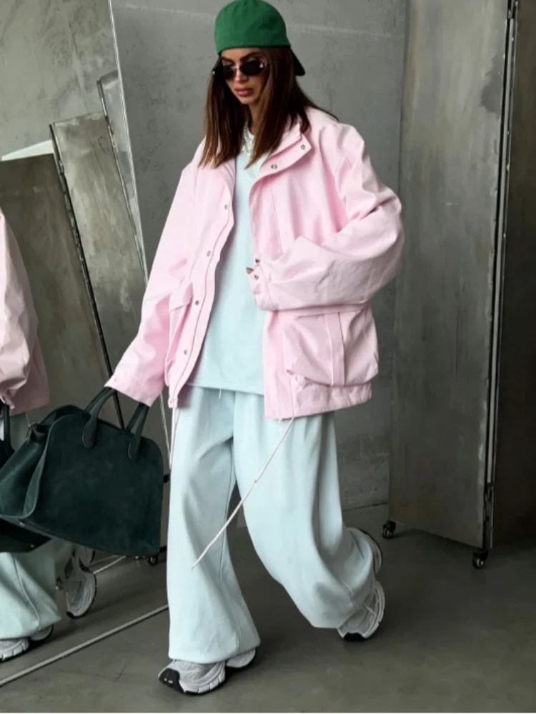 Women  Solid Color Field Parka Stand Up Collar Adjustable Waist Large Patch Pockets Snap Buttons Jacket Spring Daily Travel Coat