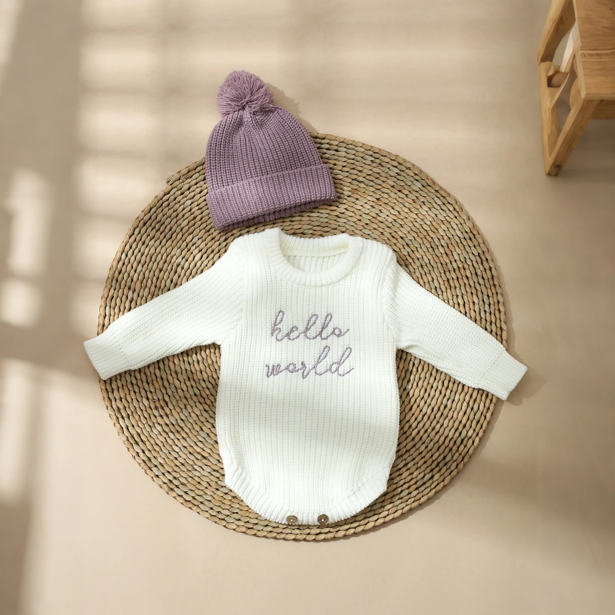 Ylsteed Hello World Knitting Newborn Photography Romper with Matching Pomp Hat Baby Boy Girl Sweater Outfits for Photo Shooting image 4