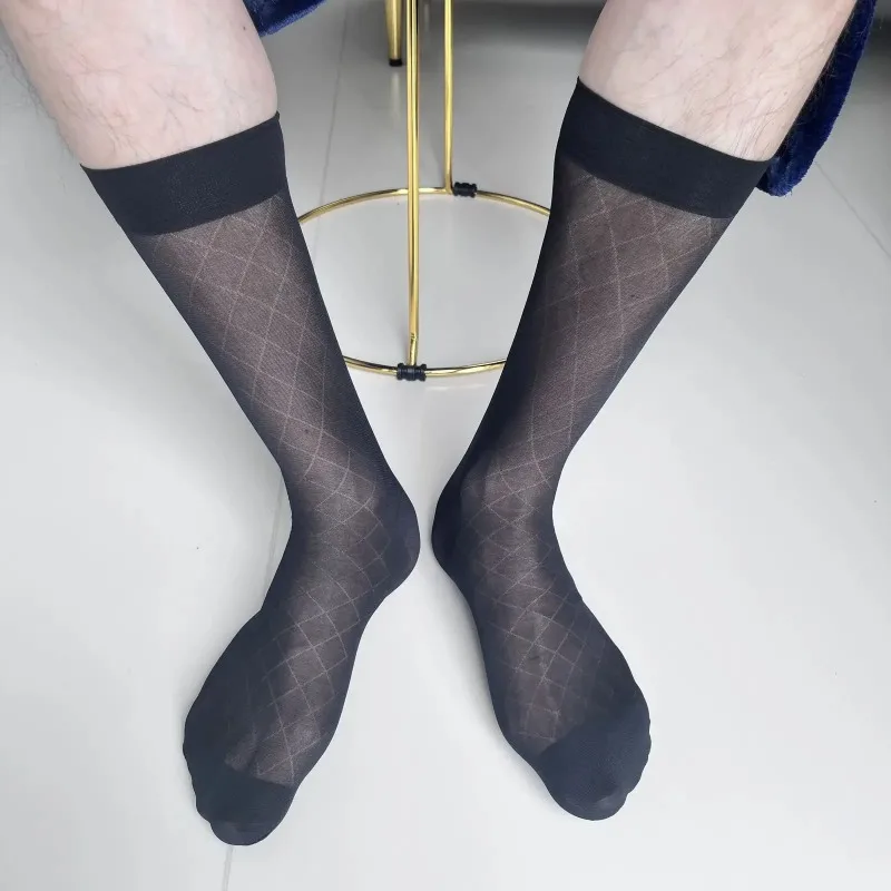 Mens Sheer Long Socks Sexy Soft Breathable Transparent Check Ultra Thin Formal Business Stockings Man Nylon Rhombus Dress Socks - view 3