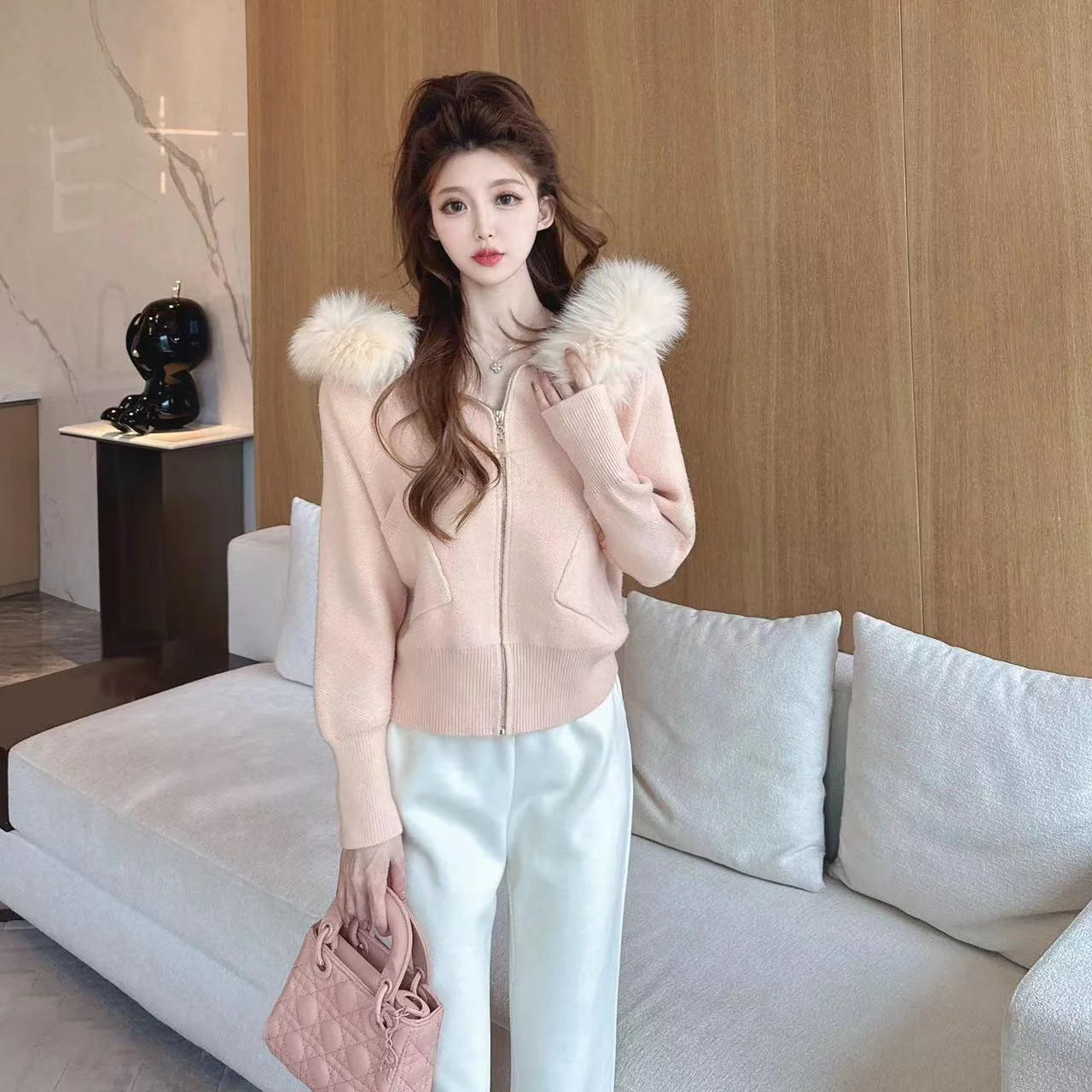Ladies Thiened Knitted Coat with Fur Collar Spring Autumn New Sle Faionable Slimming Hooded Knitwear Women's Outerwear