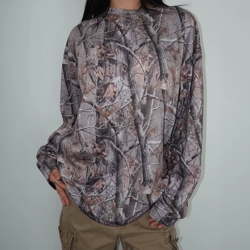 Women's Oversized Tree Camo Print Top Long Sleeve Crew Neck Casual Loose Fit T-Shirt