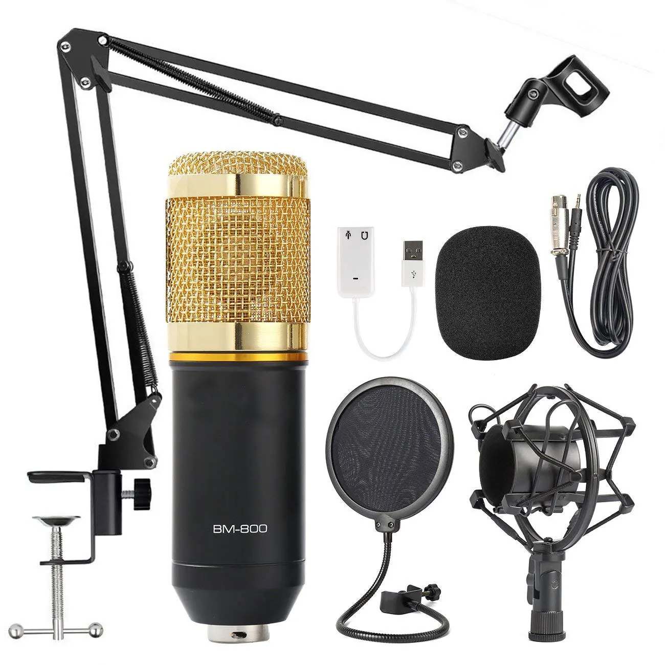 

Black Gold Set Condenser Microphone Studio Kit BM-800 Wide Frequency Studio Kit Response Condenser Microphone Recording