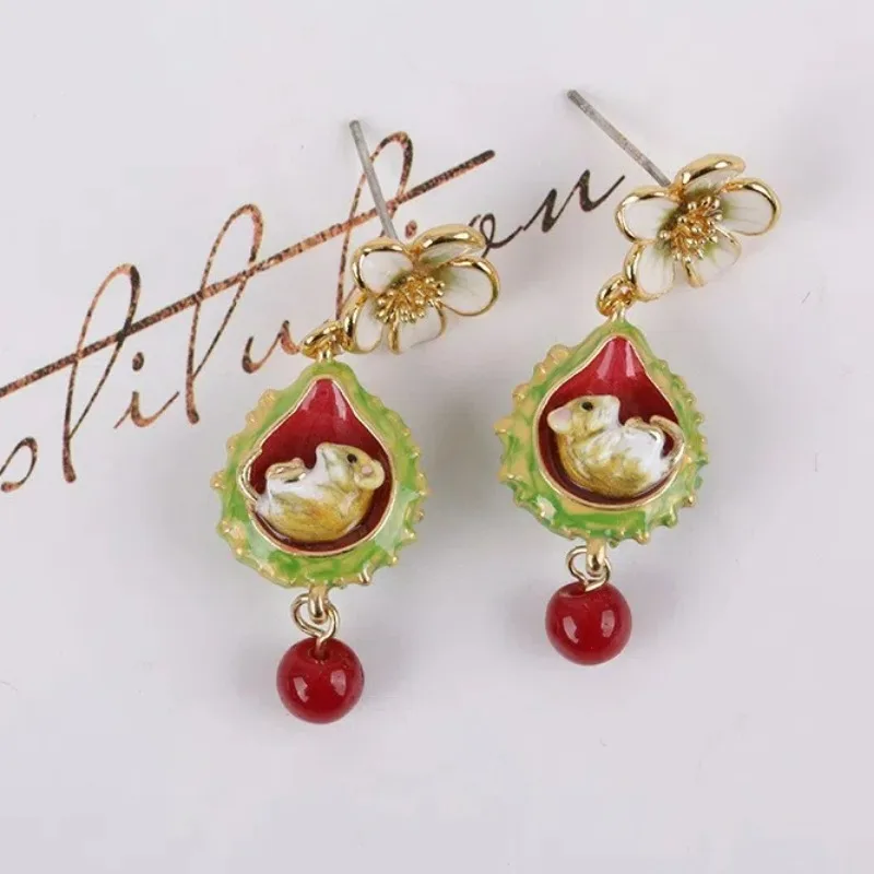 

Trendy British Enamel Handmade Fairy Tale Style Cute Mouse Pendant Earrings for Women Korean Jewelry Y2k Designer
