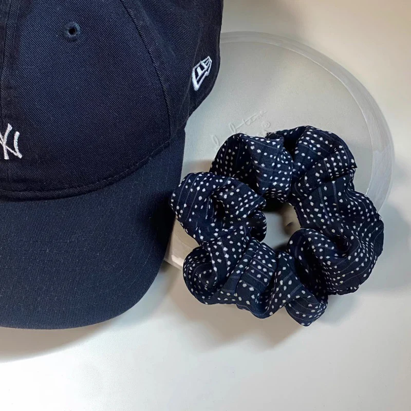 Navy Polka Dot Scrunchies Fabric Hair Tie Elastic Hair Band Women Hair Accessories Daily Headwear