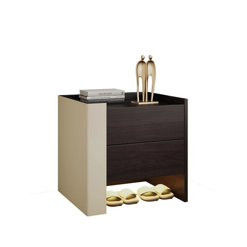 

Saddle leather solid wood bedside table simple modern high-end light luxury bedroom