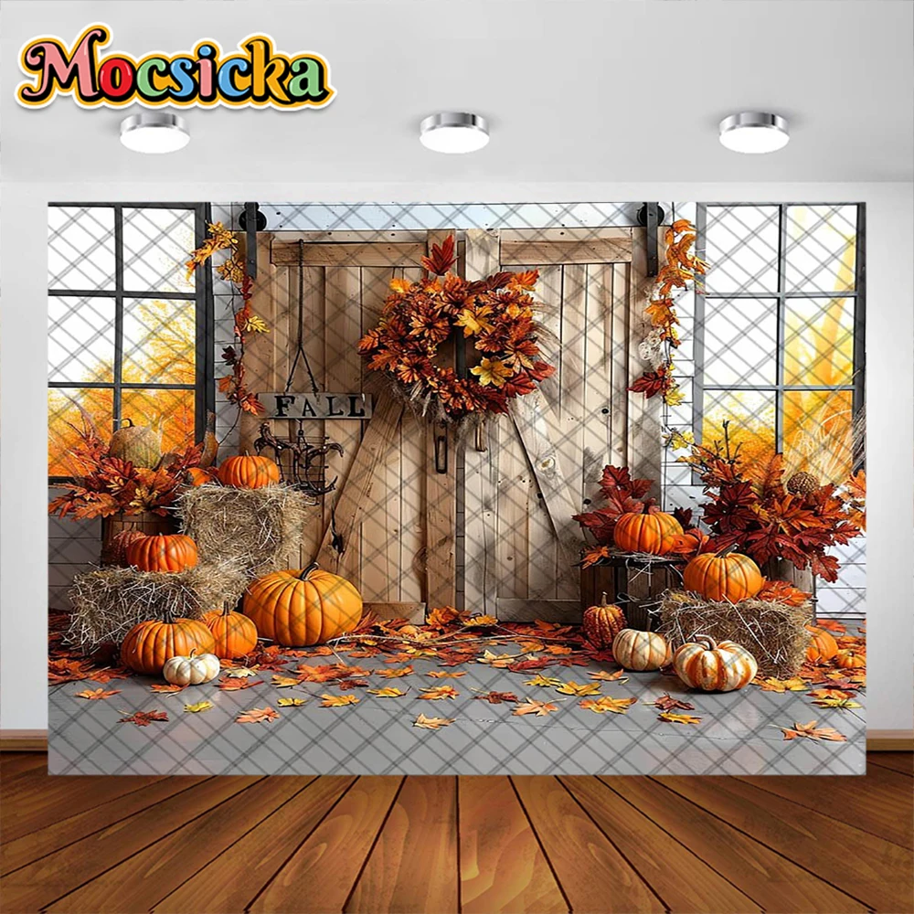 Autumn Photography Background Maple Leaf Pumpkin Warehouse Wooden Door Decoration Kids Fall Photo Portrait For Studio Props